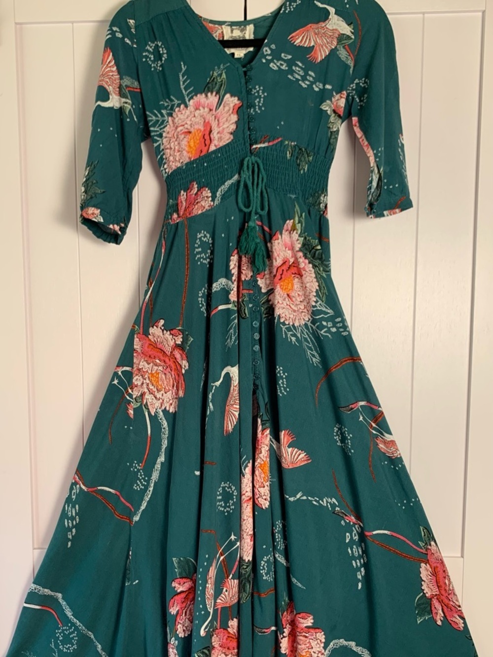 Jaase Maxi Dress XS Teal Floral Boho Autumn Wedding Guest Smocked V-Neck - Picture 2 of 16